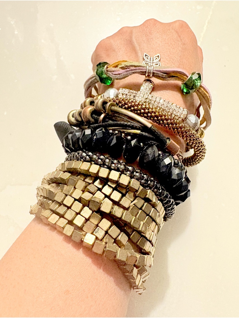 Stacked Gold and Black Beaded Women’s Bracelet Set of 9